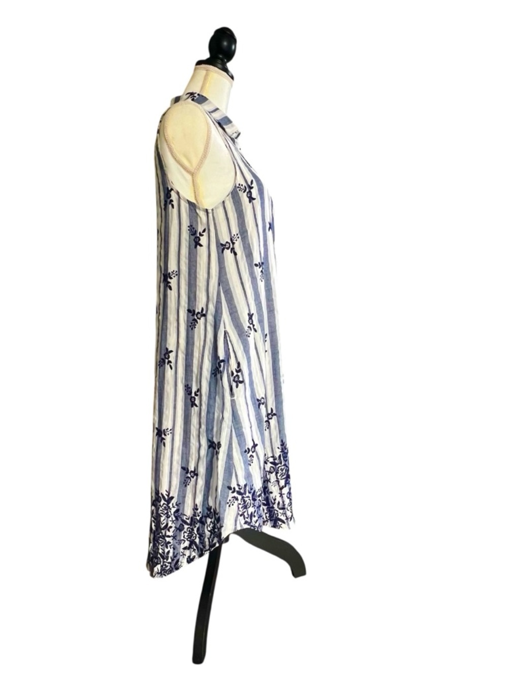 Boho Chic Embroidered Cotton Striped Appliqué Midi Dress Blue and Ivory Size S - Picture 12 of 12